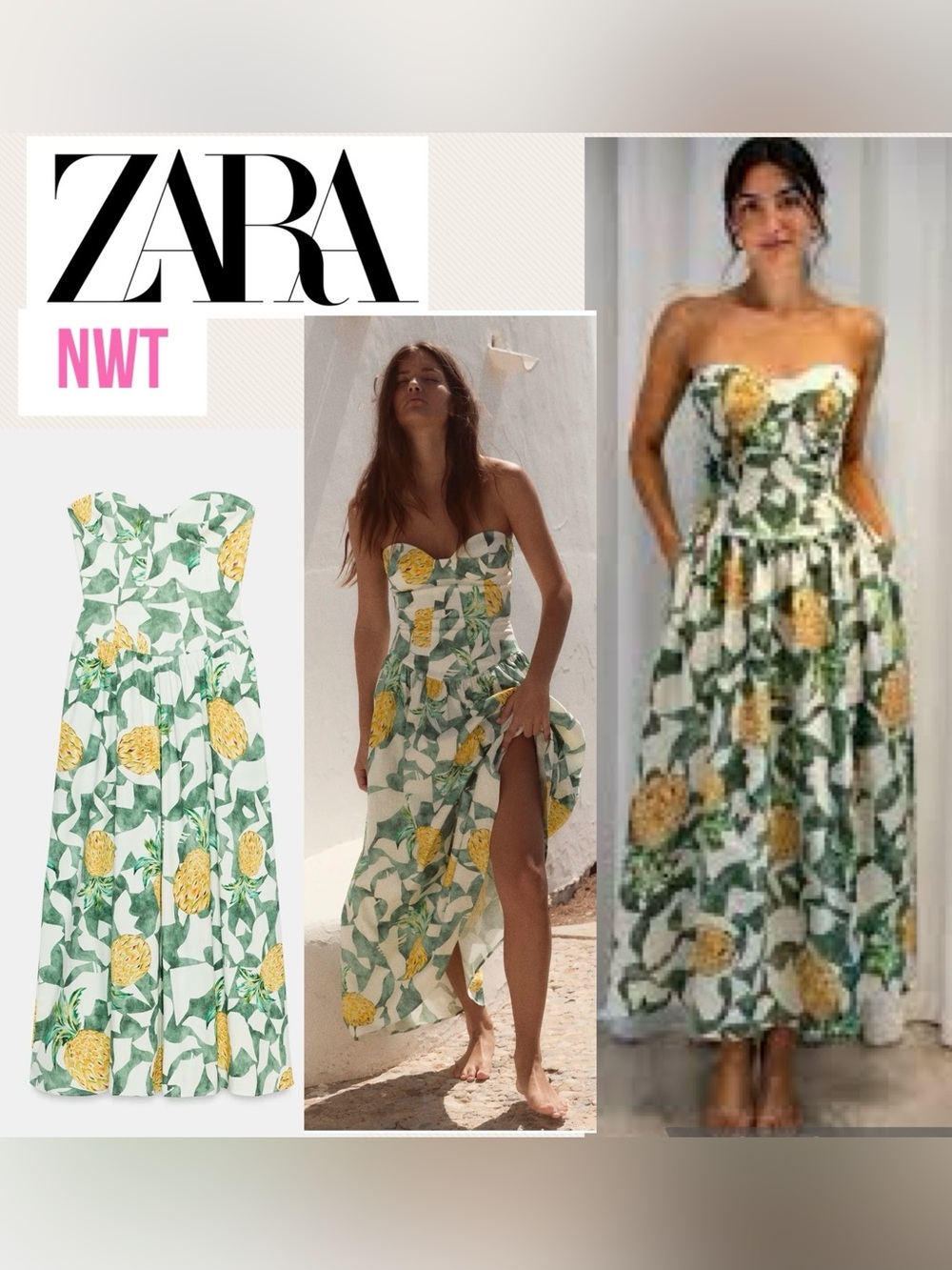 ZARA White Strapless Maxi Dress with Green Leaves and Yellow Floral Print